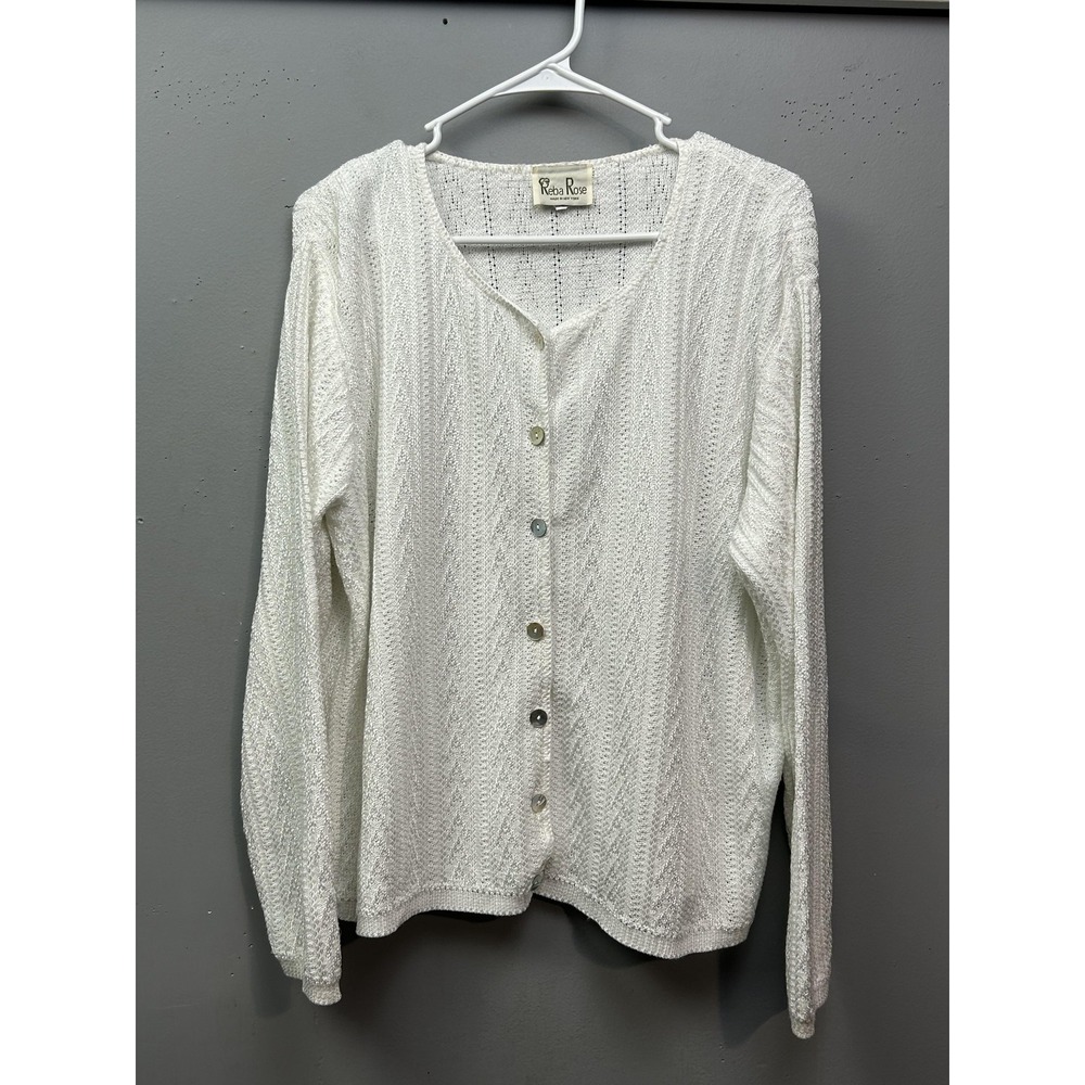 Reba Rose Sweater Womens XL White Textured Knit Button Front Cardigan USA